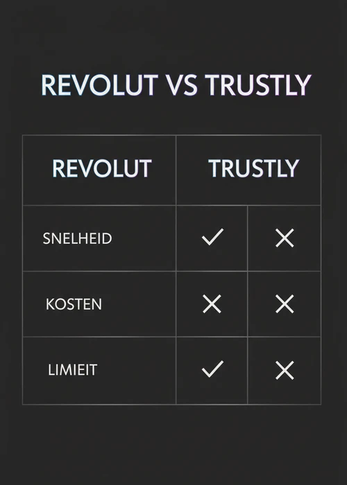 Revolut versus Trustly bij een casino vergeleken op snelheid, kosten en limiet in een tabel.