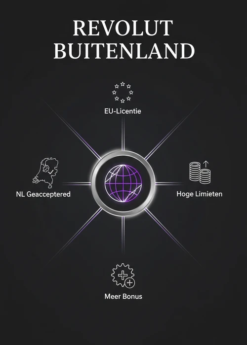 Revolut in het buitenland als radiaal overzicht: EU-licentie, hoge limieten, meer bonus en NL geaccepteerd.